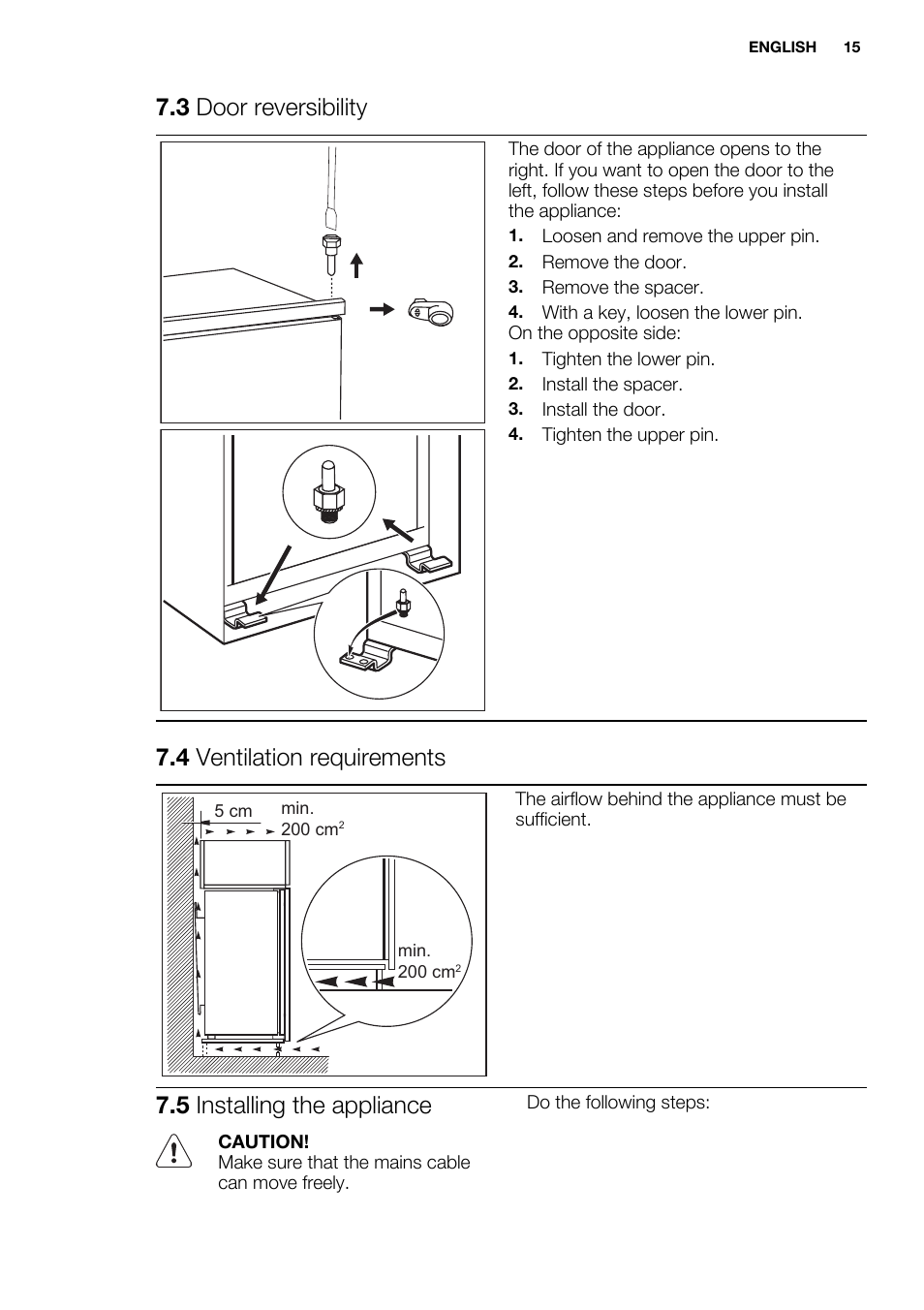 3 door reversibility, 4 ventilation requirements, 5 installing the appliance | Electrolux ERN3313AOW User Manual | Page 15 / 24
