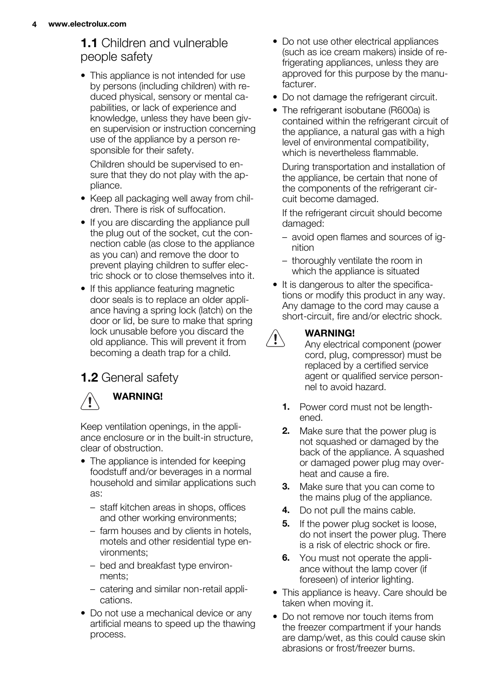 1 children and vulnerable people safety, 2 general safety | Electrolux ERN3313AOW User Manual | Page 4 / 24