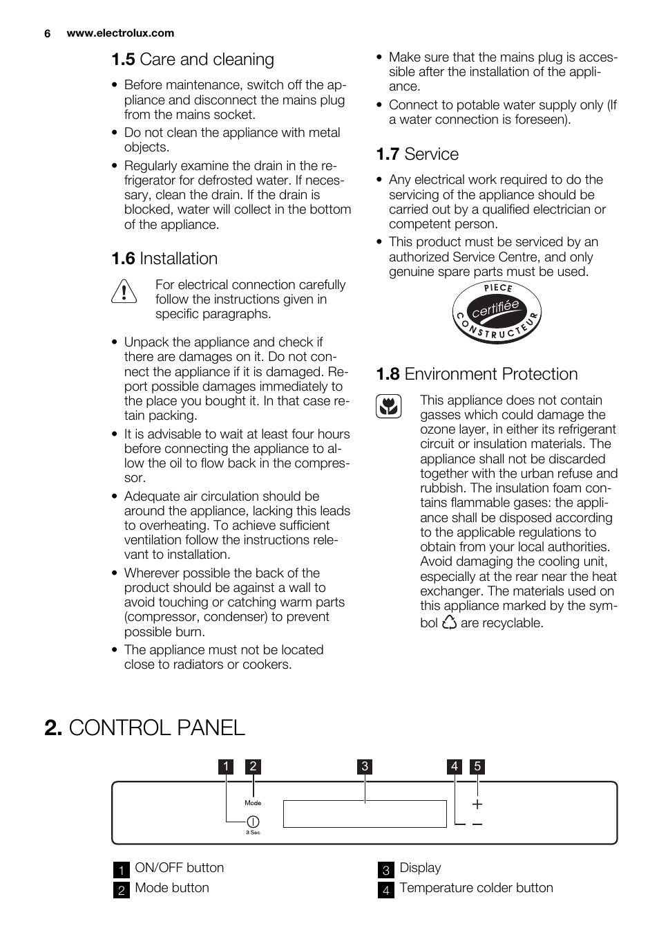 Control panel, 5 care and cleaning, 6 installation | 7 service, 8 environment protection | Electrolux ERN3313AOW User Manual | Page 6 / 24