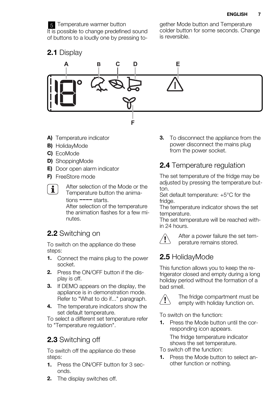 1 display, 2 switching on, 3 switching off | 4 temperature regulation, 5 holidaymode | Electrolux ERN3313AOW User Manual | Page 7 / 24