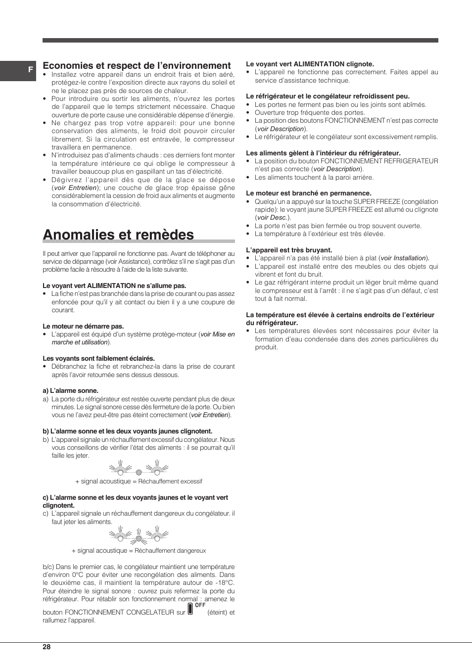 Anomalies et remèdes, Economies et respect de l’environnement | Hotpoint Ariston Combiné EBLH 18213 F O3 User Manual | Page 28 / 52