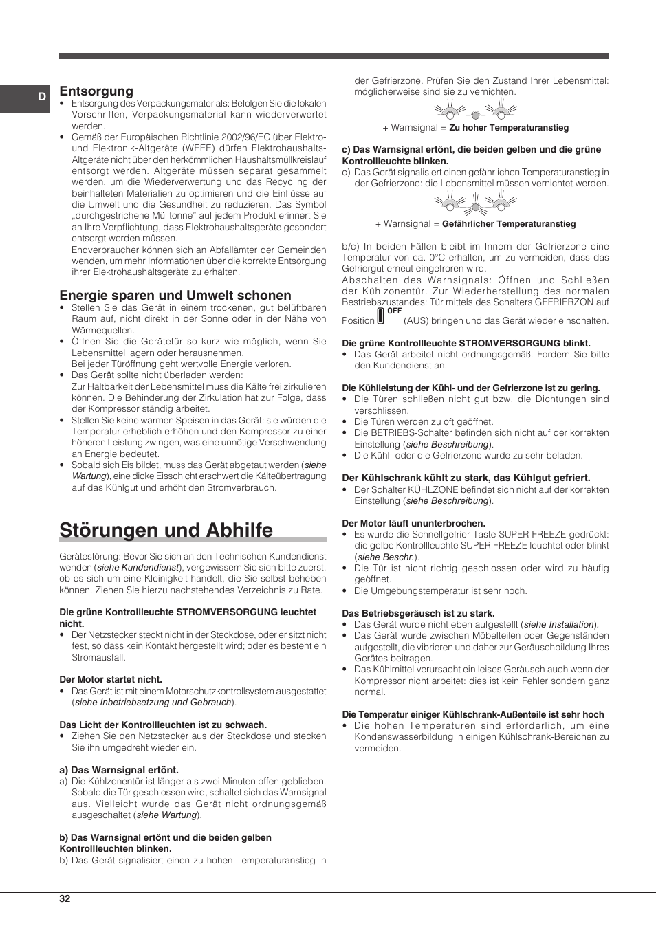 Störungen und abhilfe, Entsorgung, Energie sparen und umwelt schonen | Hotpoint Ariston Combiné EBLH 18213 F O3 User Manual | Page 32 / 52
