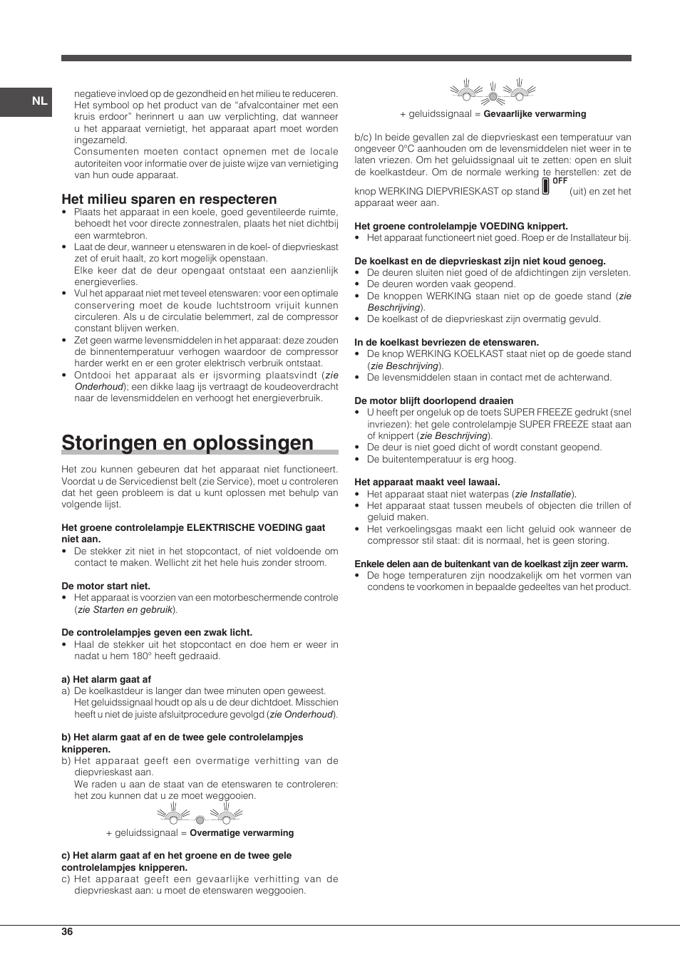 Storingen en oplossingen, Het milieu sparen en respecteren | Hotpoint Ariston Combiné EBLH 18213 F O3 User Manual | Page 36 / 52