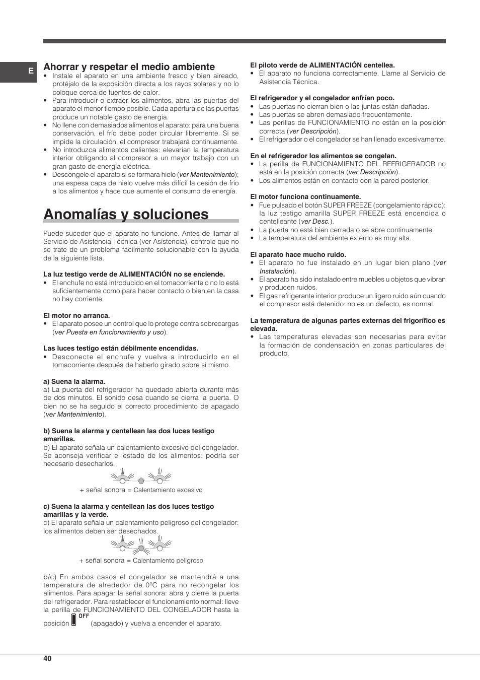 Anomalías y soluciones, Ahorrar y respetar el medio ambiente | Hotpoint Ariston Combiné EBLH 18213 F O3 User Manual | Page 40 / 52