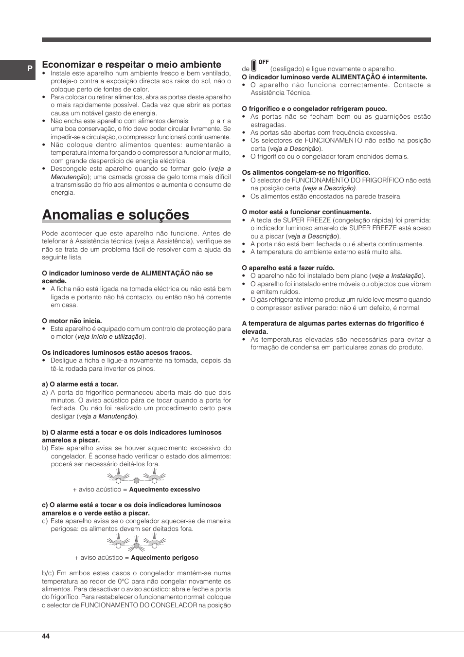 Anomalias e soluções, Economizar e respeitar o meio ambiente | Hotpoint Ariston Combiné EBLH 18213 F O3 User Manual | Page 44 / 52