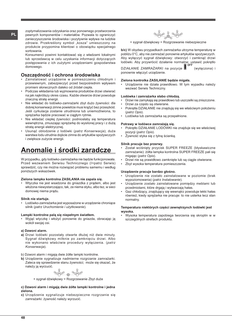 Anomalie i środki zaradcze, Oszczędność i ochrona środowiska | Hotpoint Ariston Combiné EBLH 18213 F O3 User Manual | Page 48 / 52