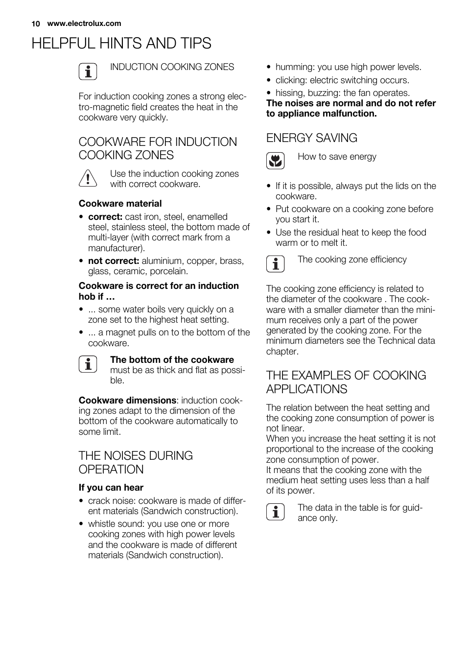 Helpful hints and tips, Cookware for induction cooking zones, The noises during operation | Energy saving, The examples of cooking applications | Electrolux EHH6332FOK User Manual | Page 10 / 72