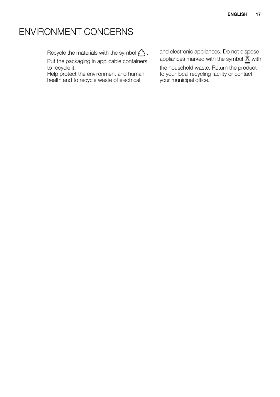 Environment concerns | Electrolux EHH6332FOK User Manual | Page 17 / 72
