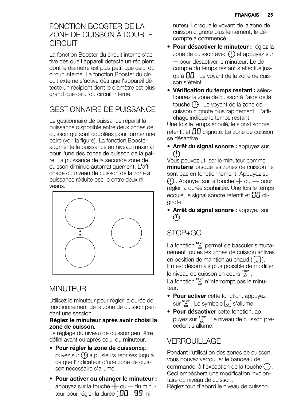 Gestionnaire de puissance, Minuteur, Stop+go | Verrouillage | Electrolux EHH6332FOK User Manual | Page 25 / 72