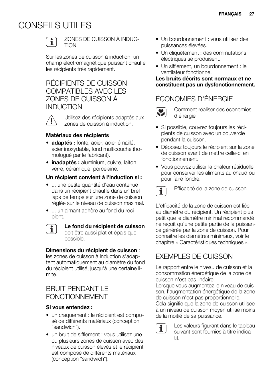 Conseils utiles, Bruit pendant le fonctionnement, Économies d'énergie | Exemples de cuisson | Electrolux EHH6332FOK User Manual | Page 27 / 72