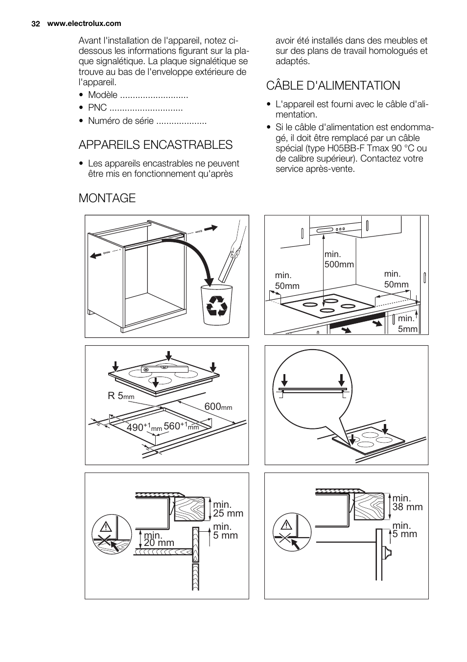 Appareils encastrables, Câble d'alimentation, Montage | Electrolux EHH6332FOK User Manual | Page 32 / 72