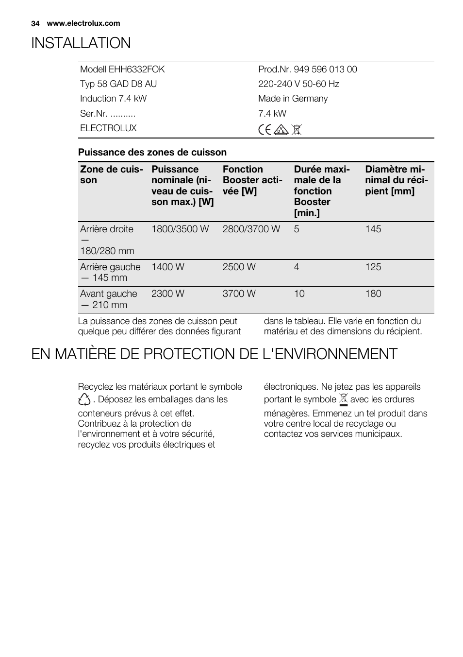 Installation, En matière de protection de l'environnement | Electrolux EHH6332FOK User Manual | Page 34 / 72