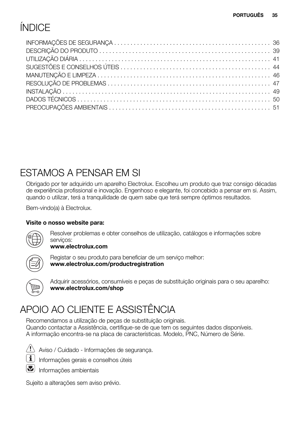 Índice, Estamos a pensar em si, Apoio ao cliente e assistência | Electrolux EHH6332FOK User Manual | Page 35 / 72