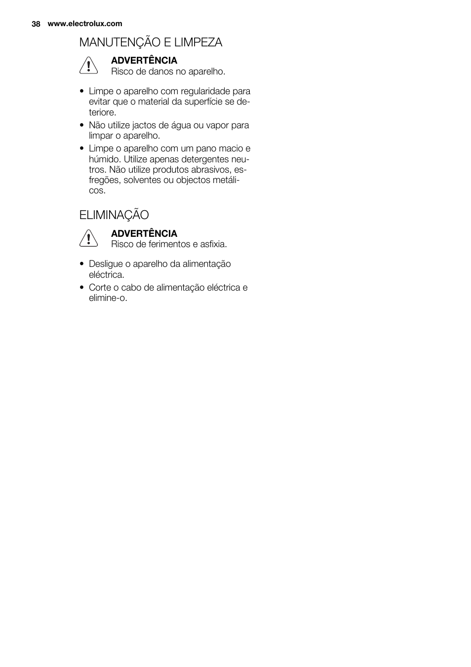 Manutenção e limpeza, Eliminação | Electrolux EHH6332FOK User Manual | Page 38 / 72