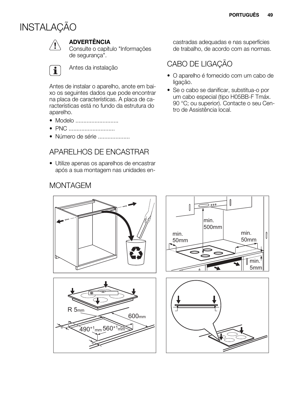 Instalação, Aparelhos de encastrar, Cabo de ligação | Montagem | Electrolux EHH6332FOK User Manual | Page 49 / 72