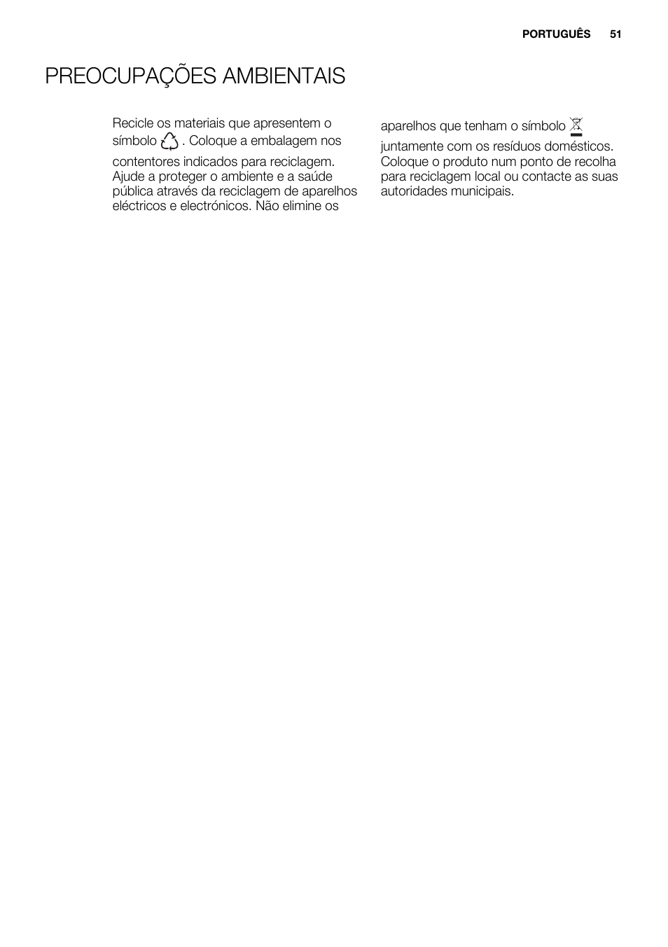 Preocupações ambientais | Electrolux EHH6332FOK User Manual | Page 51 / 72