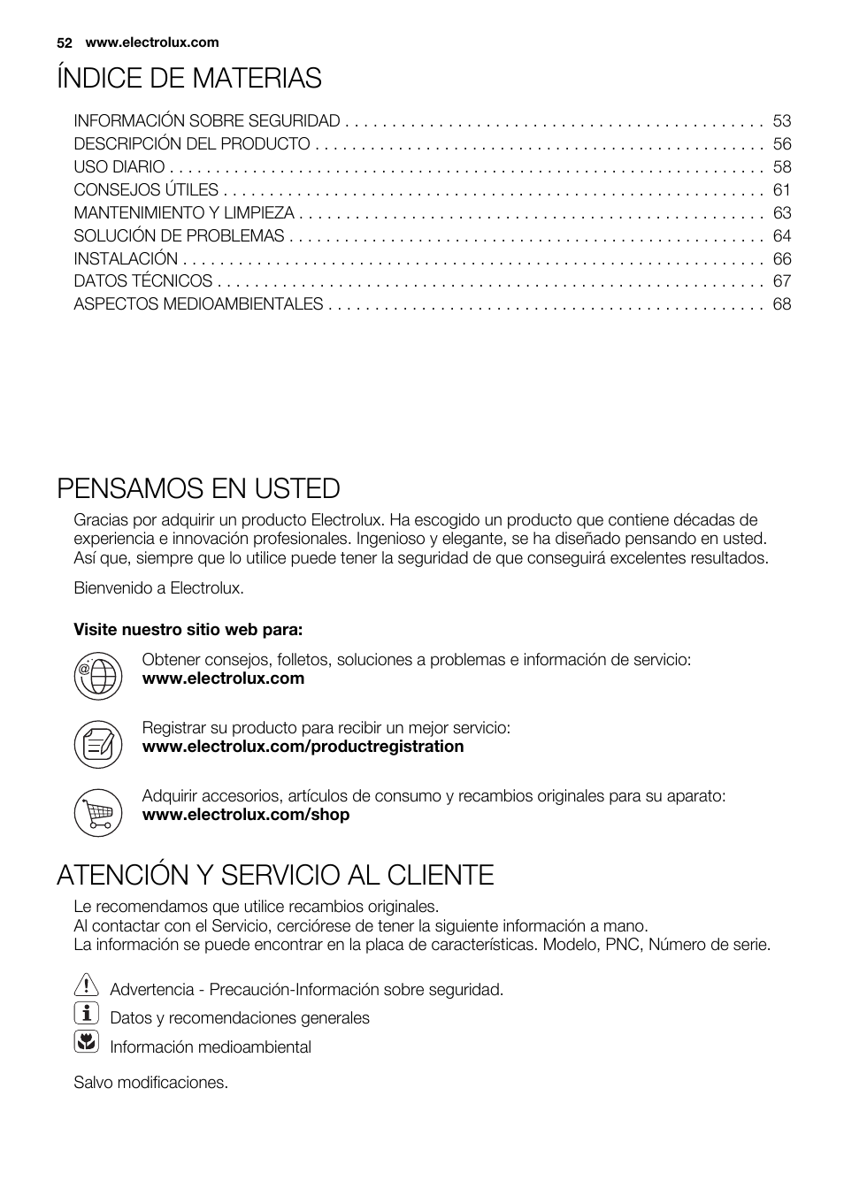 Índice de materias, Pensamos en usted, Atención y servicio al cliente | Electrolux EHH6332FOK User Manual | Page 52 / 72