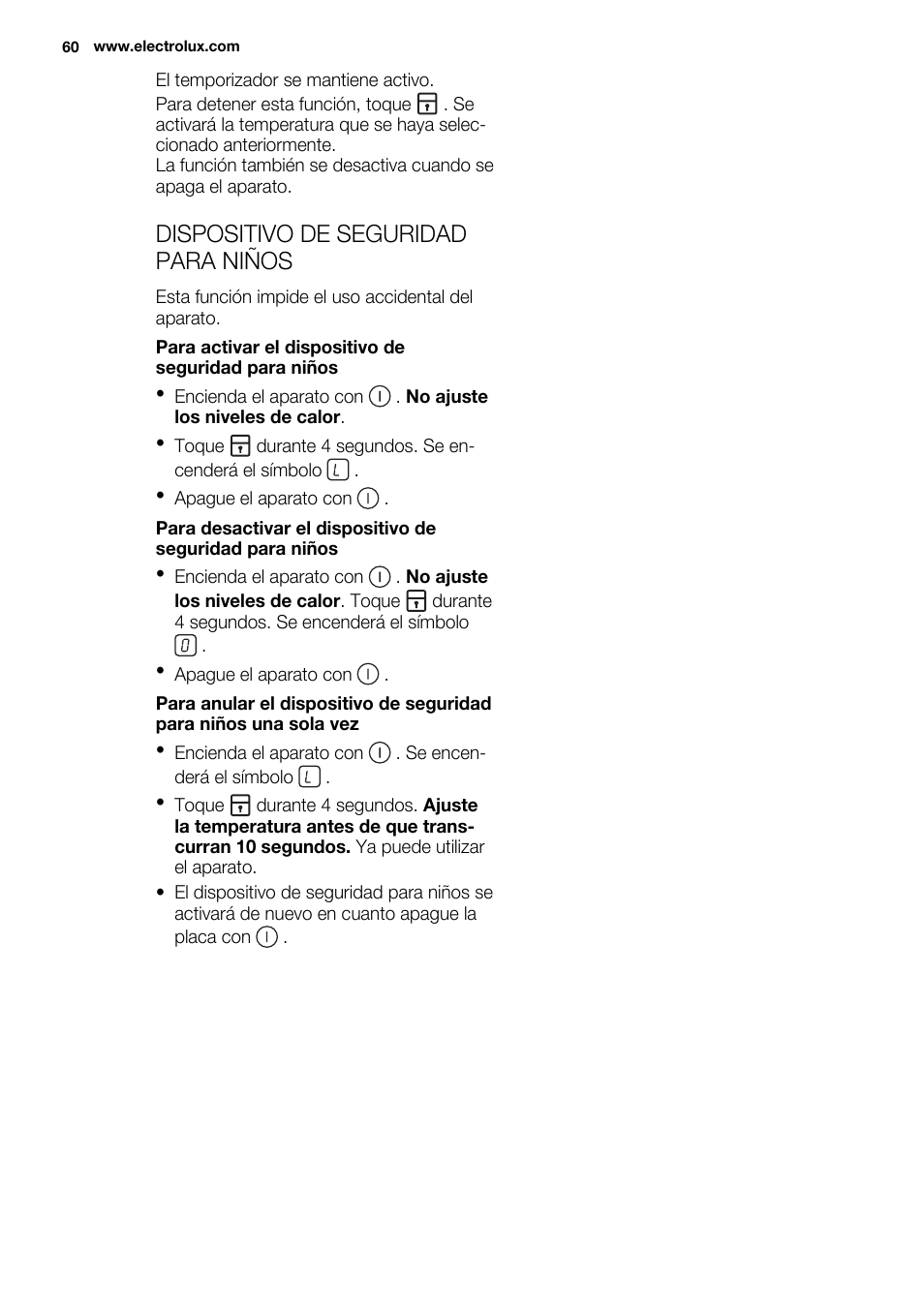 Dispositivo de seguridad para niños | Electrolux EHH6332FOK User Manual | Page 60 / 72