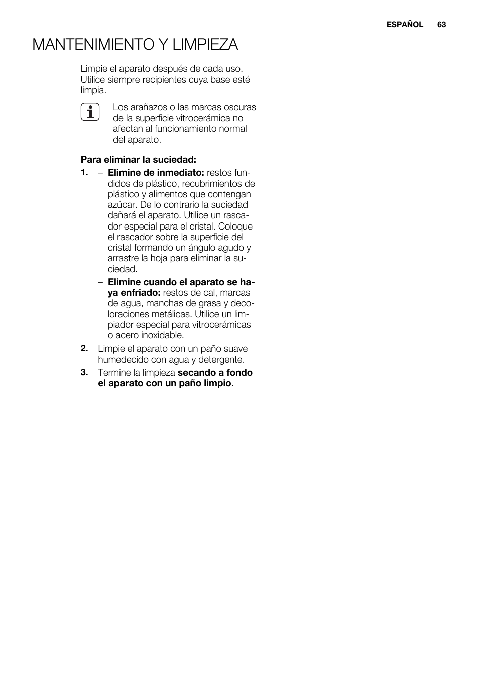 Mantenimiento y limpieza | Electrolux EHH6332FOK User Manual | Page 63 / 72