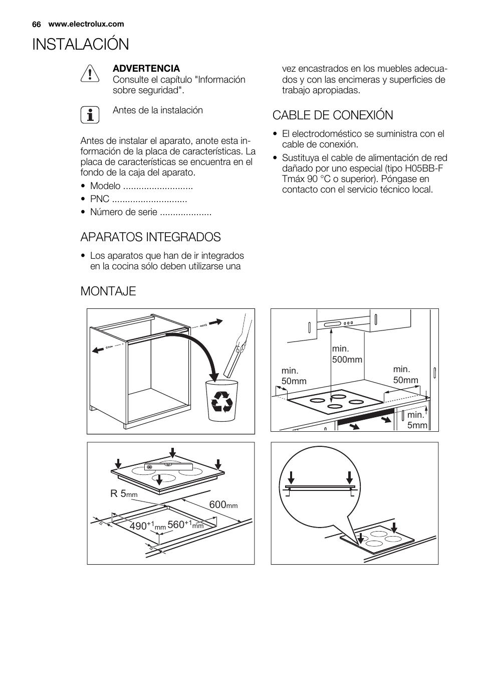 Instalación, Aparatos integrados, Cable de conexión | Montaje | Electrolux EHH6332FOK User Manual | Page 66 / 72