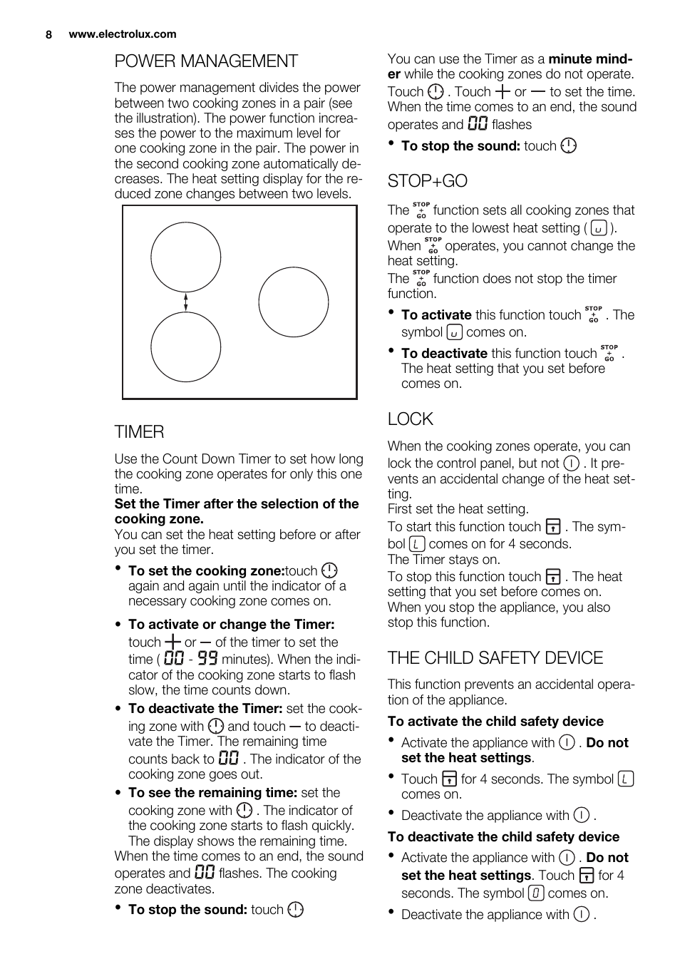 Power management, Timer, Stop+go | Lock, The child safety device | Electrolux EHH6332FOK User Manual | Page 8 / 72