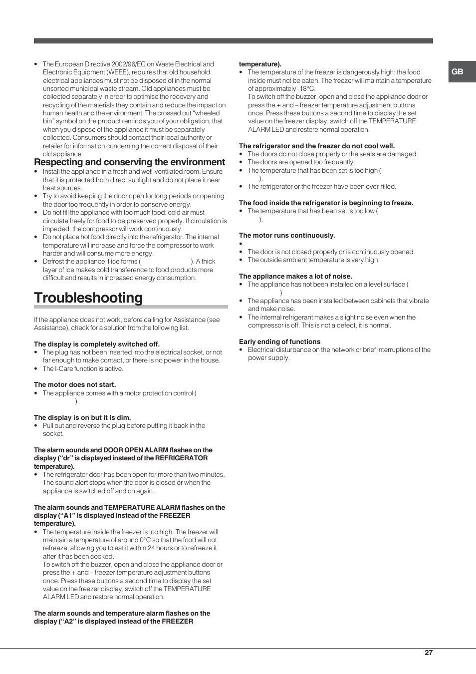 Troubleshooting, Respecting and conserving the environment | Hotpoint Ariston Combiné EBYH 18213 F O3 User Manual | Page 27 / 64