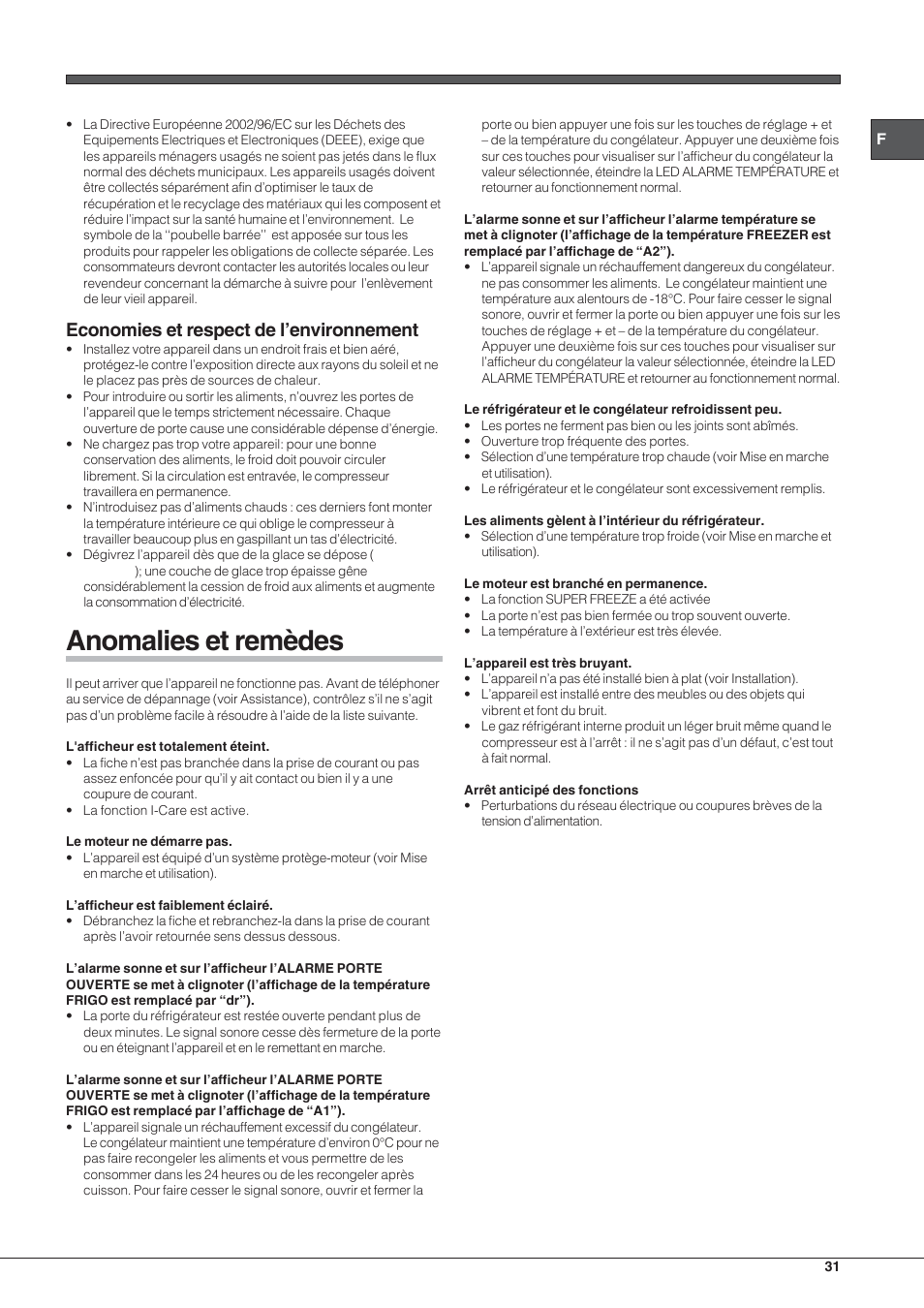 Anomalies et remèdes, Economies et respect de l’environnement | Hotpoint Ariston Combiné EBYH 18213 F O3 User Manual | Page 31 / 64