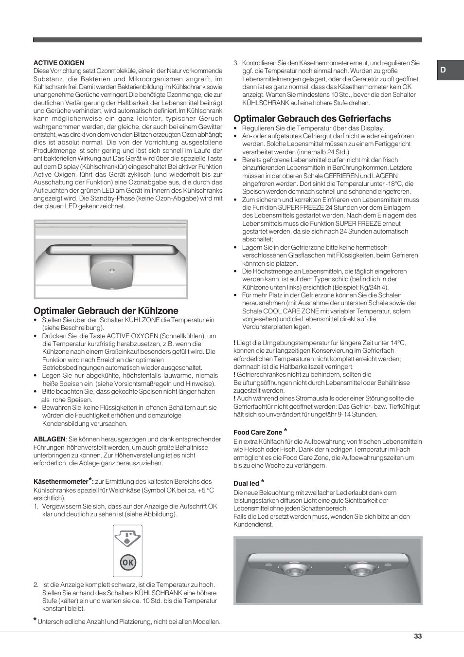 Optimaler gebrauch der kühlzone, Optimaler gebrauch des gefrierfachs | Hotpoint Ariston Combiné EBYH 18213 F O3 User Manual | Page 33 / 64