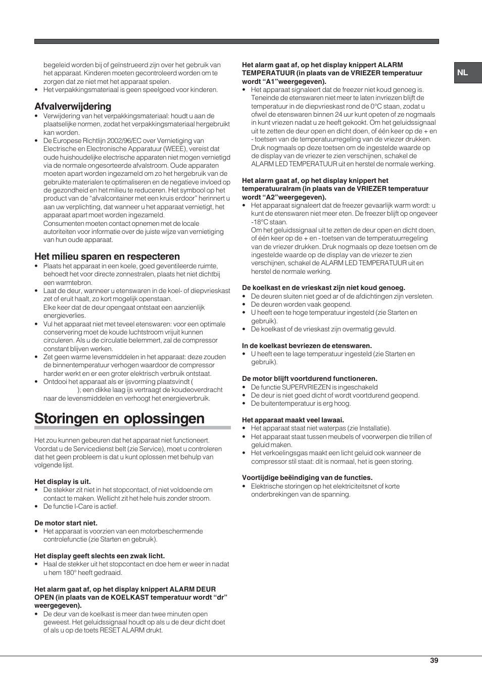 Storingen en oplossingen, Afvalverwijdering, Het milieu sparen en respecteren | Hotpoint Ariston Combiné EBYH 18213 F O3 User Manual | Page 39 / 64