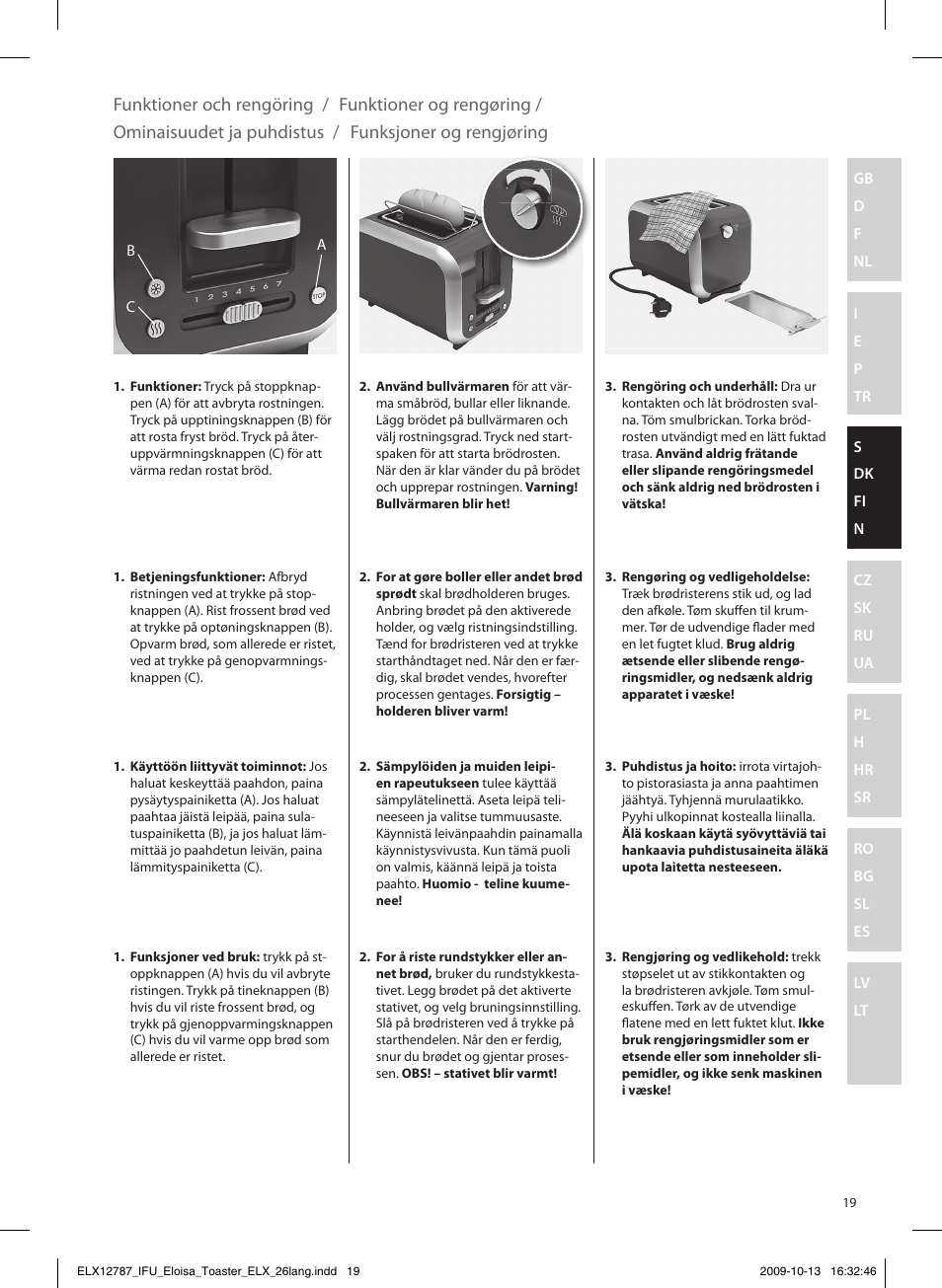 Funktioner och rengöring, Funktioner og rengøring, Ominaisuudet ja puhdistus | Funksjoner og rengjøring | Electrolux EAT3100 User Manual | Page 19 / 48