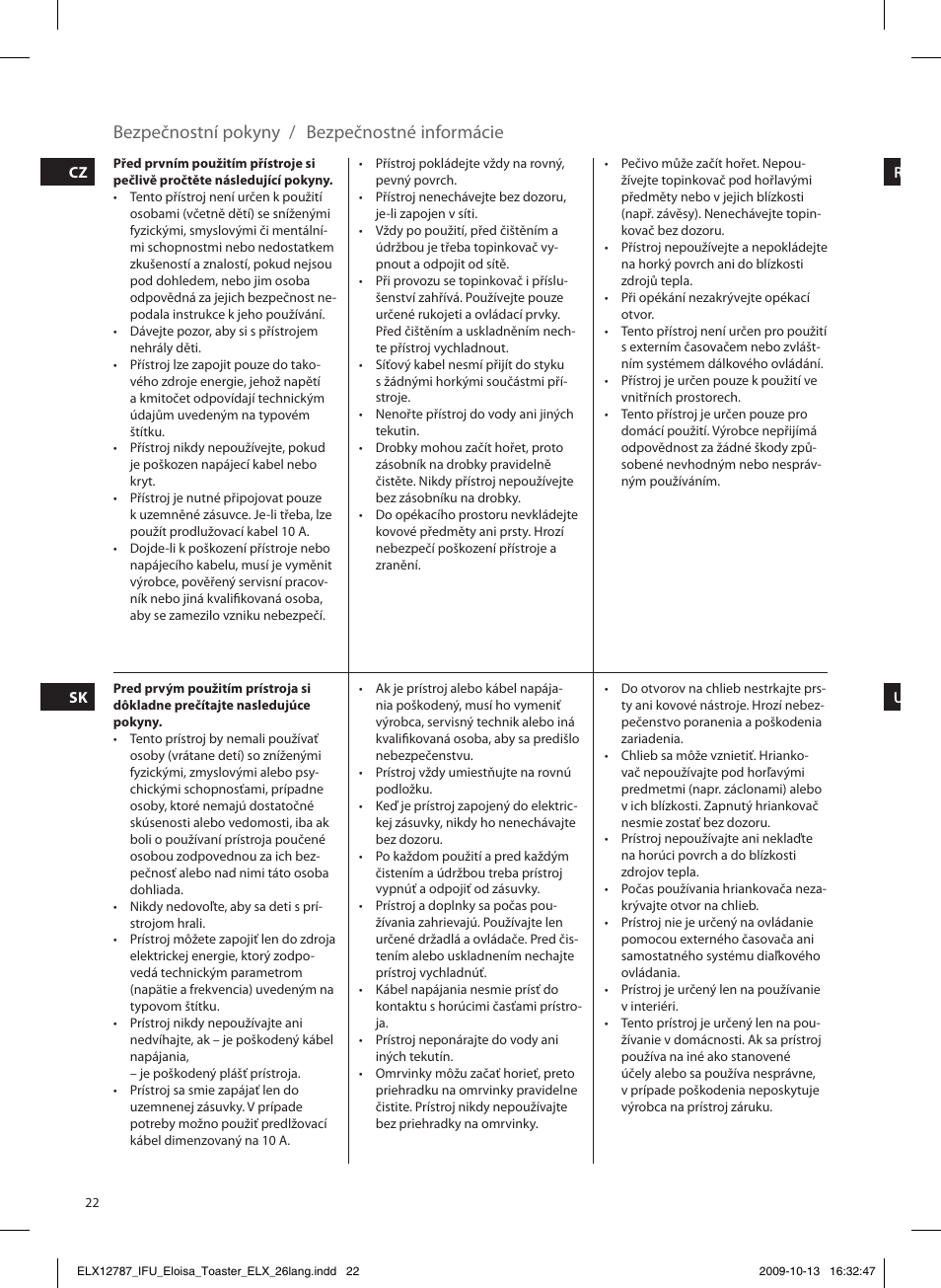 Bezpečnostní pokyny / bezpečnostné informácie | Electrolux EAT3100 User Manual | Page 22 / 48