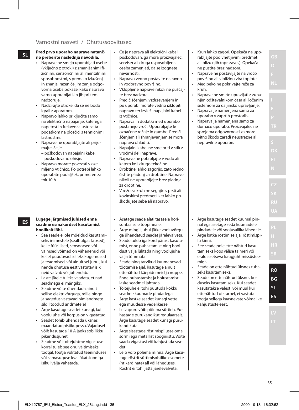 Varnostni nasveti / ohutussoovitused | Electrolux EAT3100 User Manual | Page 35 / 48