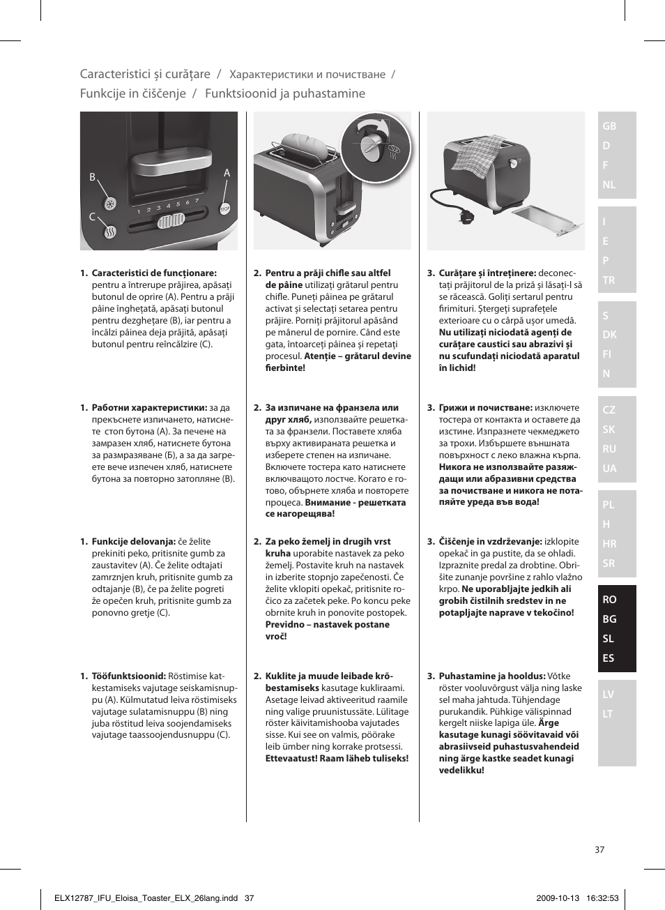 Caracteristici şi curăţare, Funkcije in čiščenje, Funktsioonid ja puhastamine | Electrolux EAT3100 User Manual | Page 37 / 48