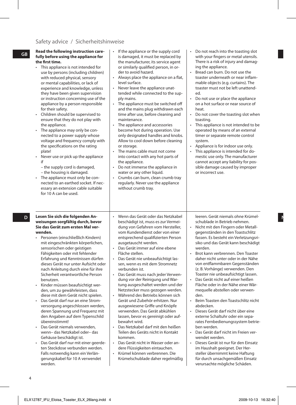 Sicherheitshinweise, Safety advice | Electrolux EAT3100 User Manual | Page 4 / 48