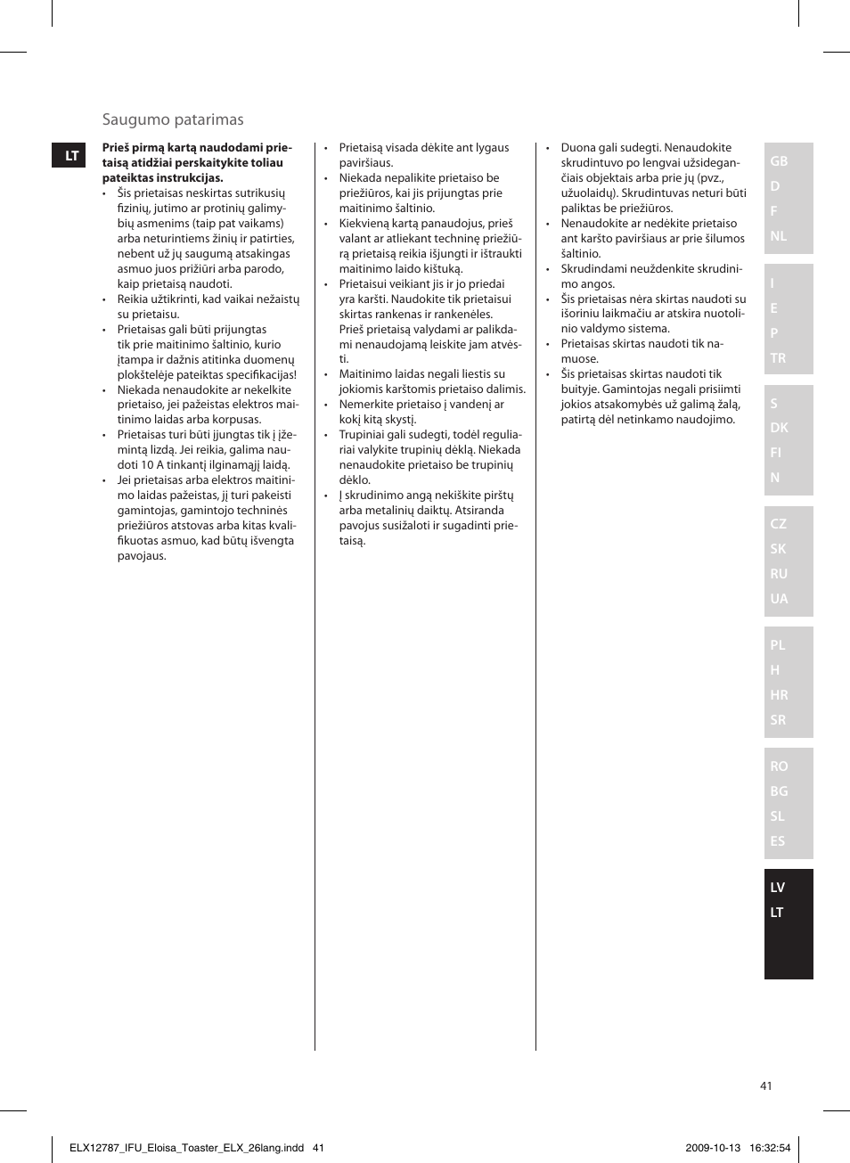 Saugumo patarimas | Electrolux EAT3100 User Manual | Page 41 / 48