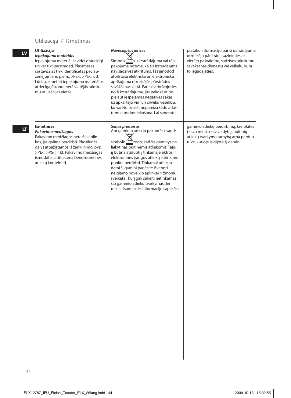 Utilizācija, Išmetimas | Electrolux EAT3100 User Manual | Page 44 / 48