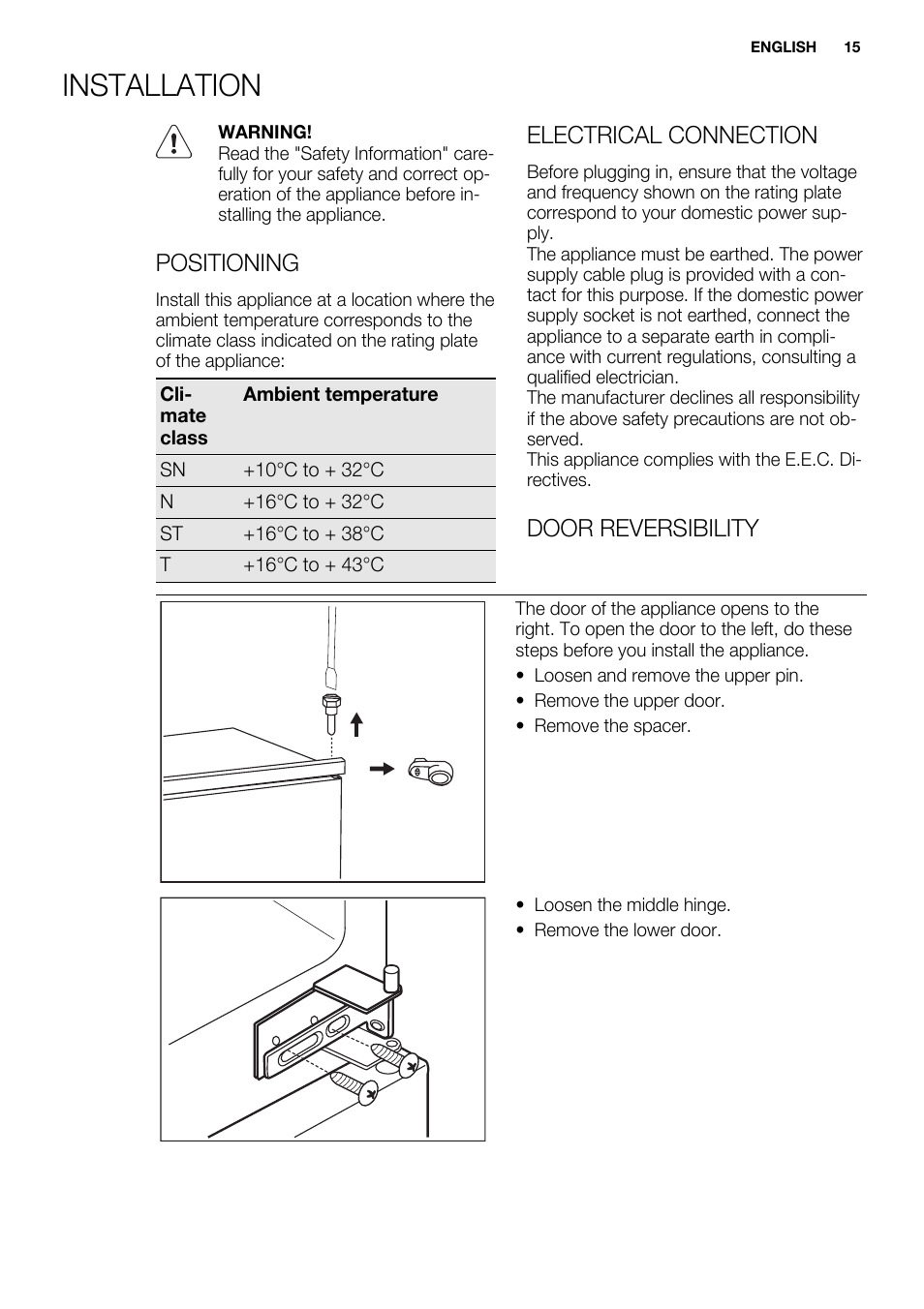 Installation, Positioning, Electrical connection | Door reversibility | Electrolux ENN2911AOW User Manual | Page 15 / 76