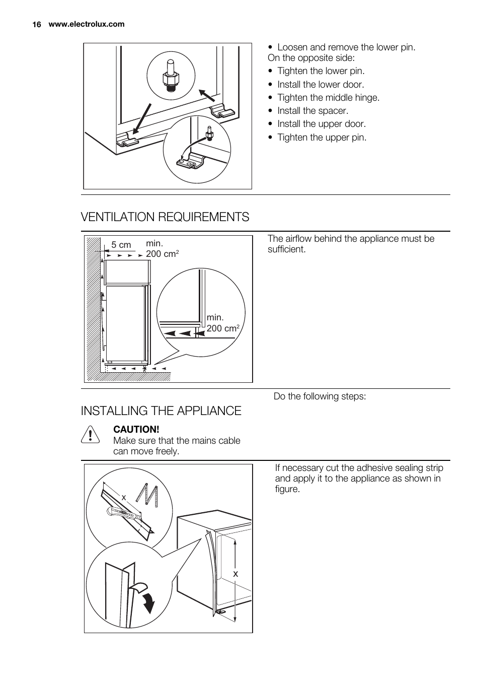 Ventilation requirements, Installing the appliance | Electrolux ENN2911AOW User Manual | Page 16 / 76