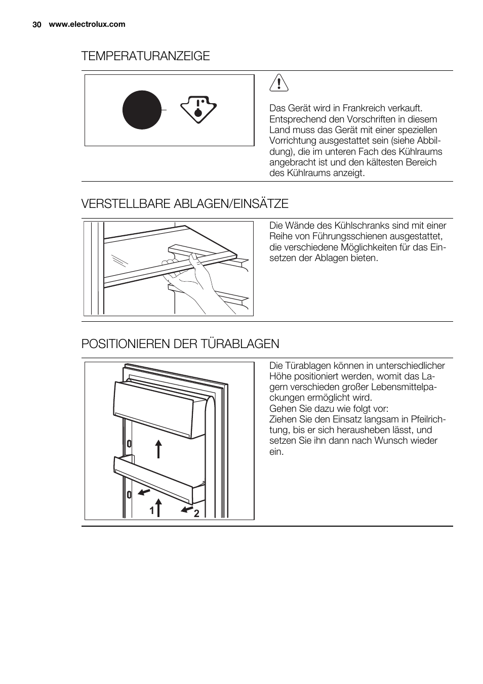 Temperaturanzeige, Verstellbare ablagen/einsätze, Positionieren der türablagen | Electrolux ENN2911AOW User Manual | Page 30 / 76