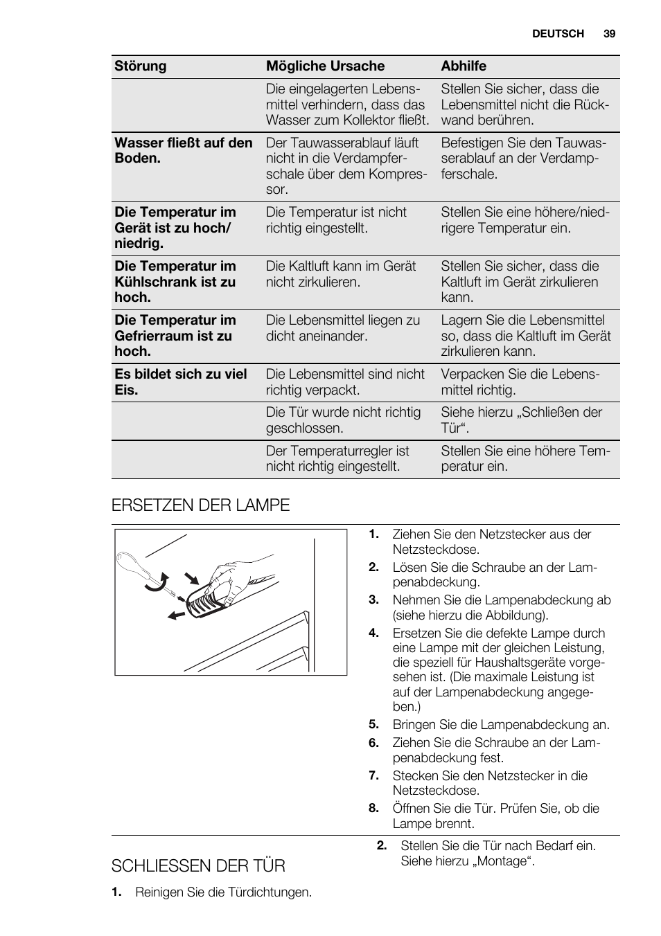 Ersetzen der lampe, Schliessen der tür | Electrolux ENN2911AOW User Manual | Page 39 / 76