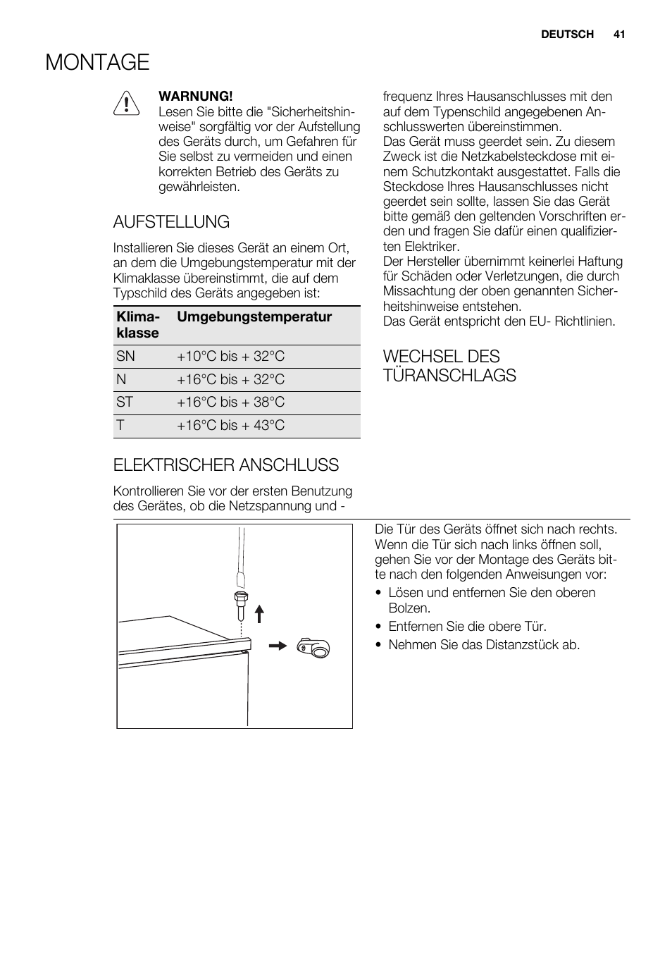 Montage, Aufstellung, Elektrischer anschluss | Wechsel des türanschlags | Electrolux ENN2911AOW User Manual | Page 41 / 76