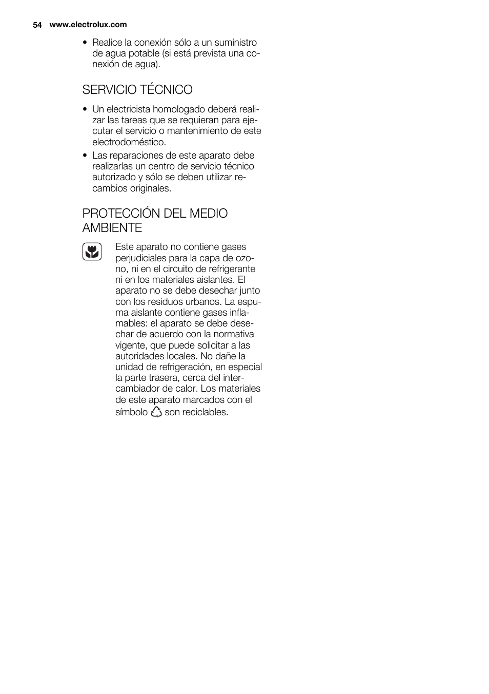 Servicio técnico, Protección del medio ambiente | Electrolux ENN2911AOW User Manual | Page 54 / 76