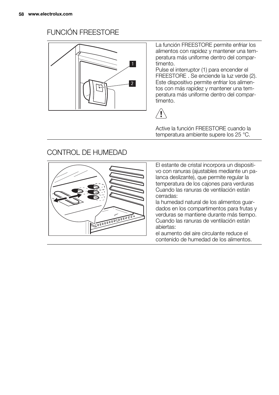 Función freestore, Control de humedad | Electrolux ENN2911AOW User Manual | Page 58 / 76