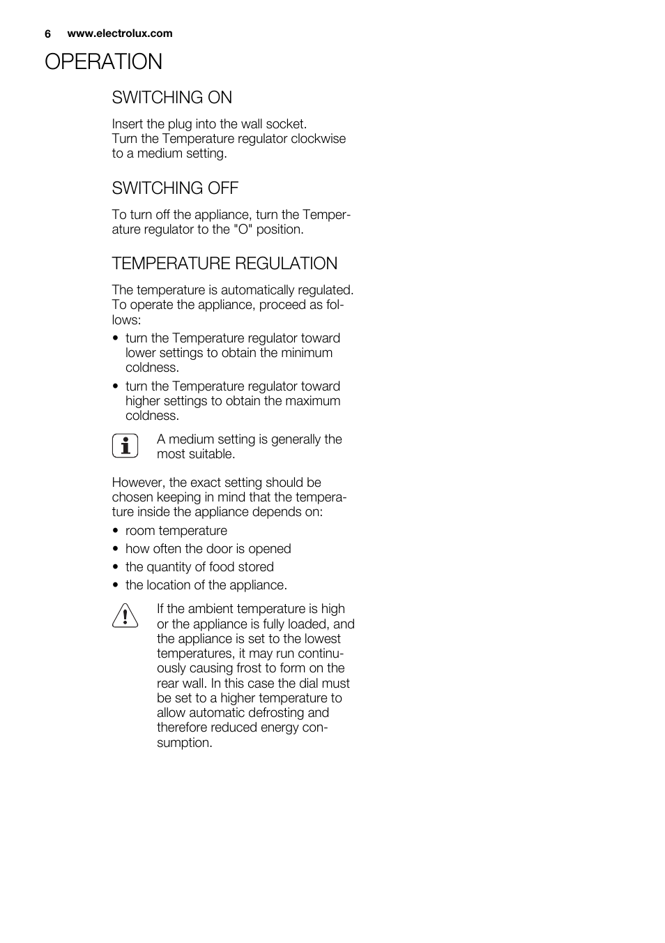 Operation, Switching on, Switching off | Temperature regulation | Electrolux ENN2911AOW User Manual | Page 6 / 76