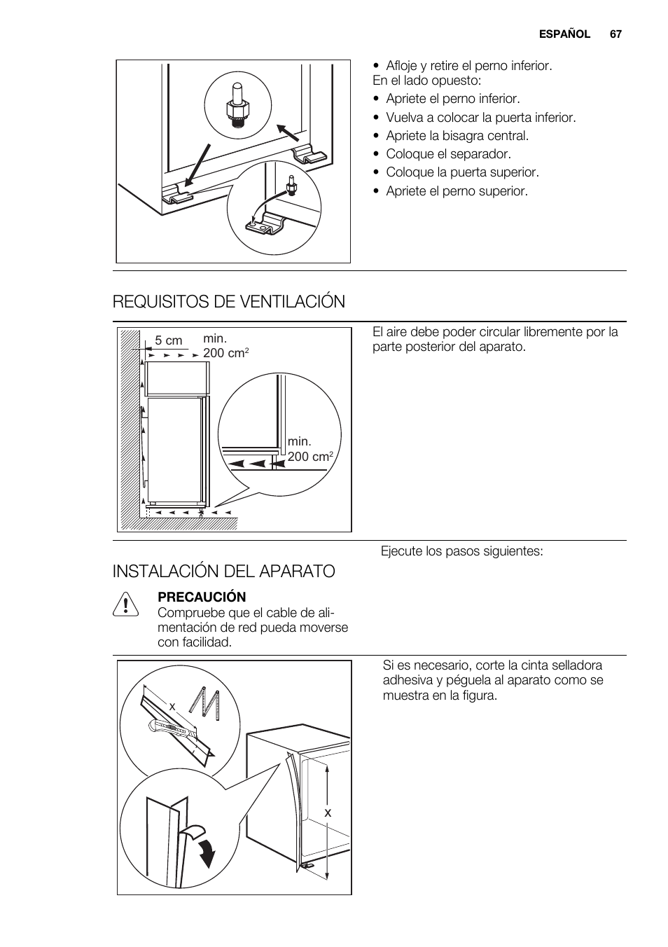 Requisitos de ventilación, Instalación del aparato | Electrolux ENN2911AOW User Manual | Page 67 / 76