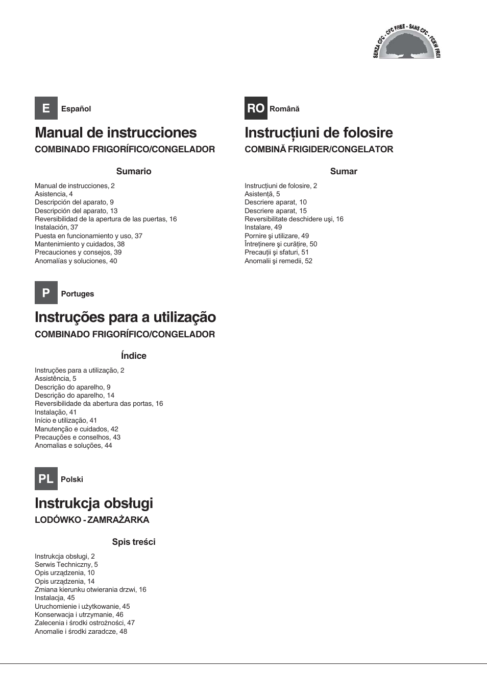 Manual de instrucciones, Instruções para a utilização | Hotpoint Ariston Combiné EBLH 18223 F O3 User Manual | Page 2 / 52