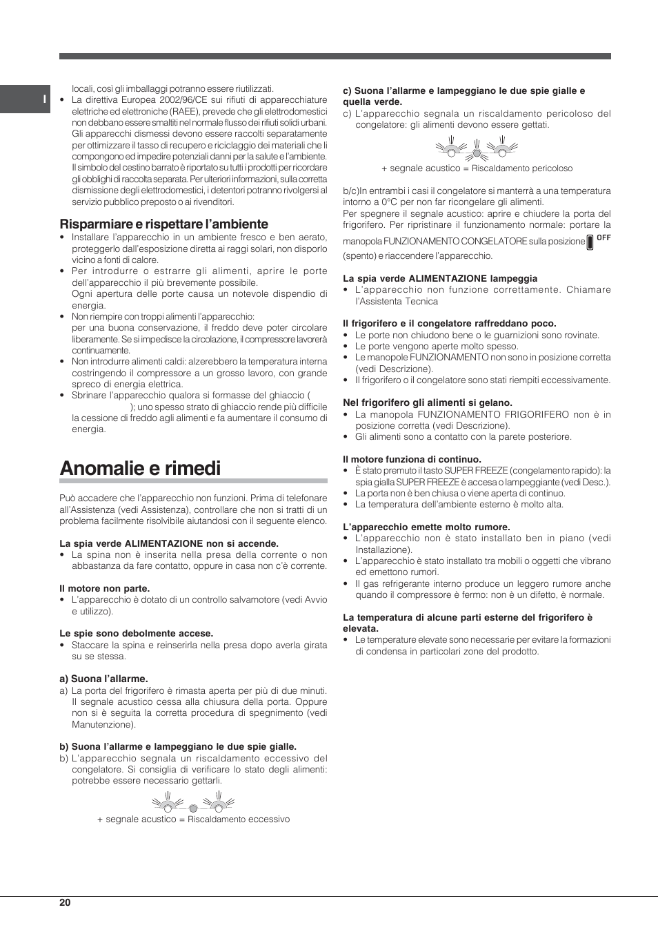 Anomalie e rimedi, Risparmiare e rispettare l’ambiente | Hotpoint Ariston Combiné EBLH 18223 F O3 User Manual | Page 20 / 52