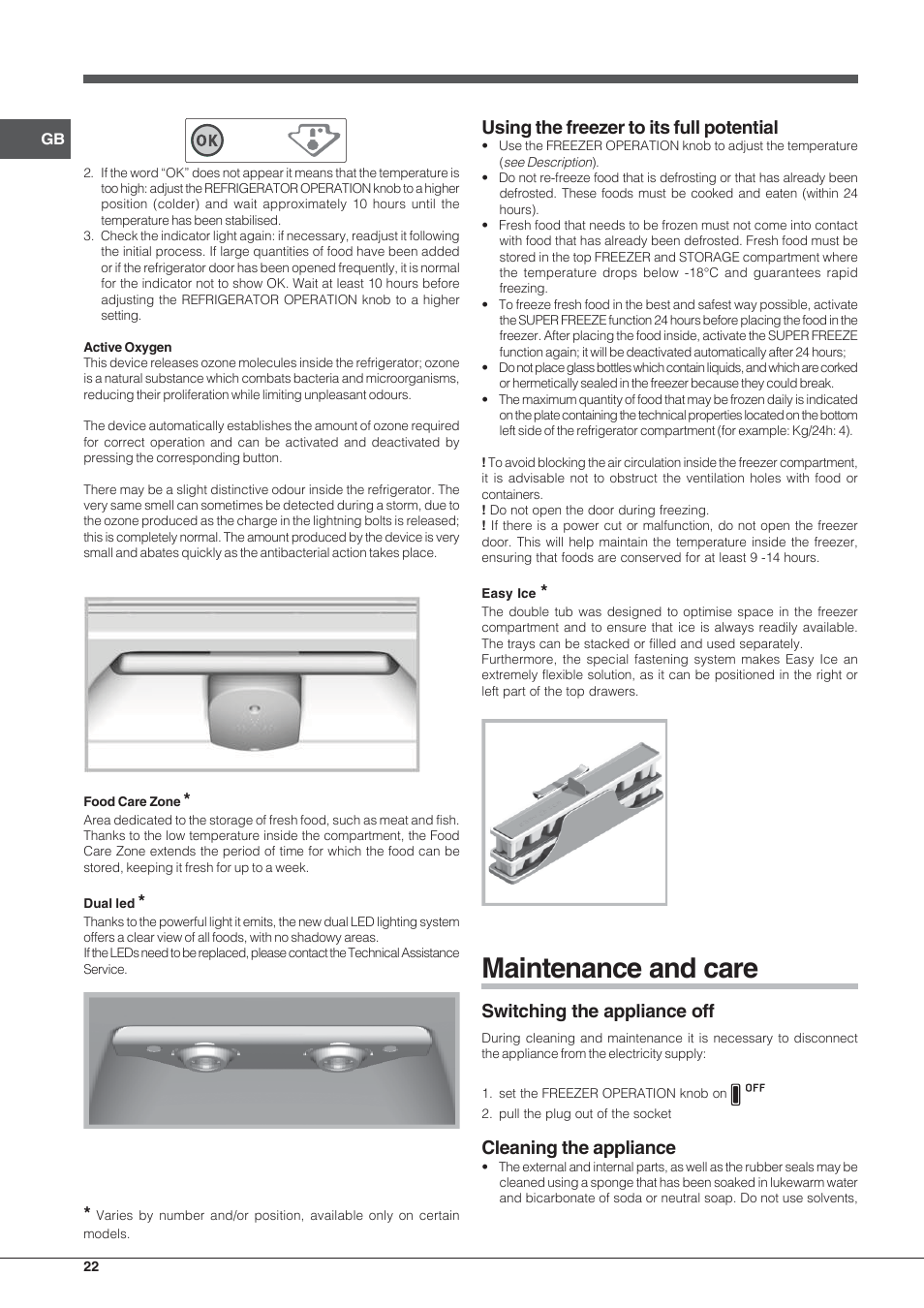 Maintenance and care, Using the freezer to its full potential, Switching the appliance off | Cleaning the appliance | Hotpoint Ariston Combiné EBLH 18223 F O3 User Manual | Page 22 / 52