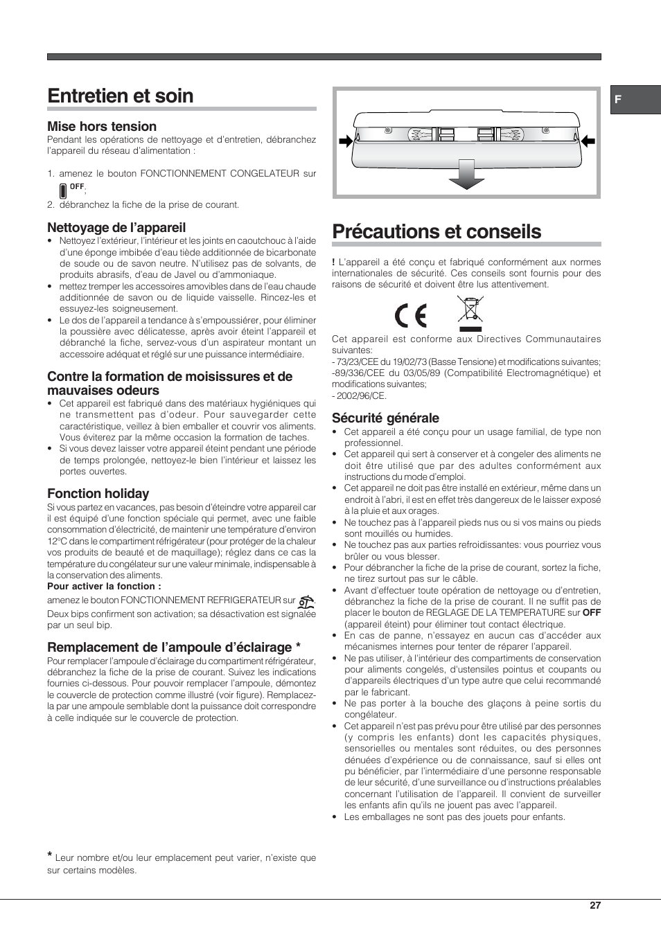 Entretien et soin, Précautions et conseils, Mise hors tension | Nettoyage de l’appareil, Fonction holiday, Remplacement de l’ampoule d’éclairage, Sécurité générale | Hotpoint Ariston Combiné EBLH 18223 F O3 User Manual | Page 27 / 52