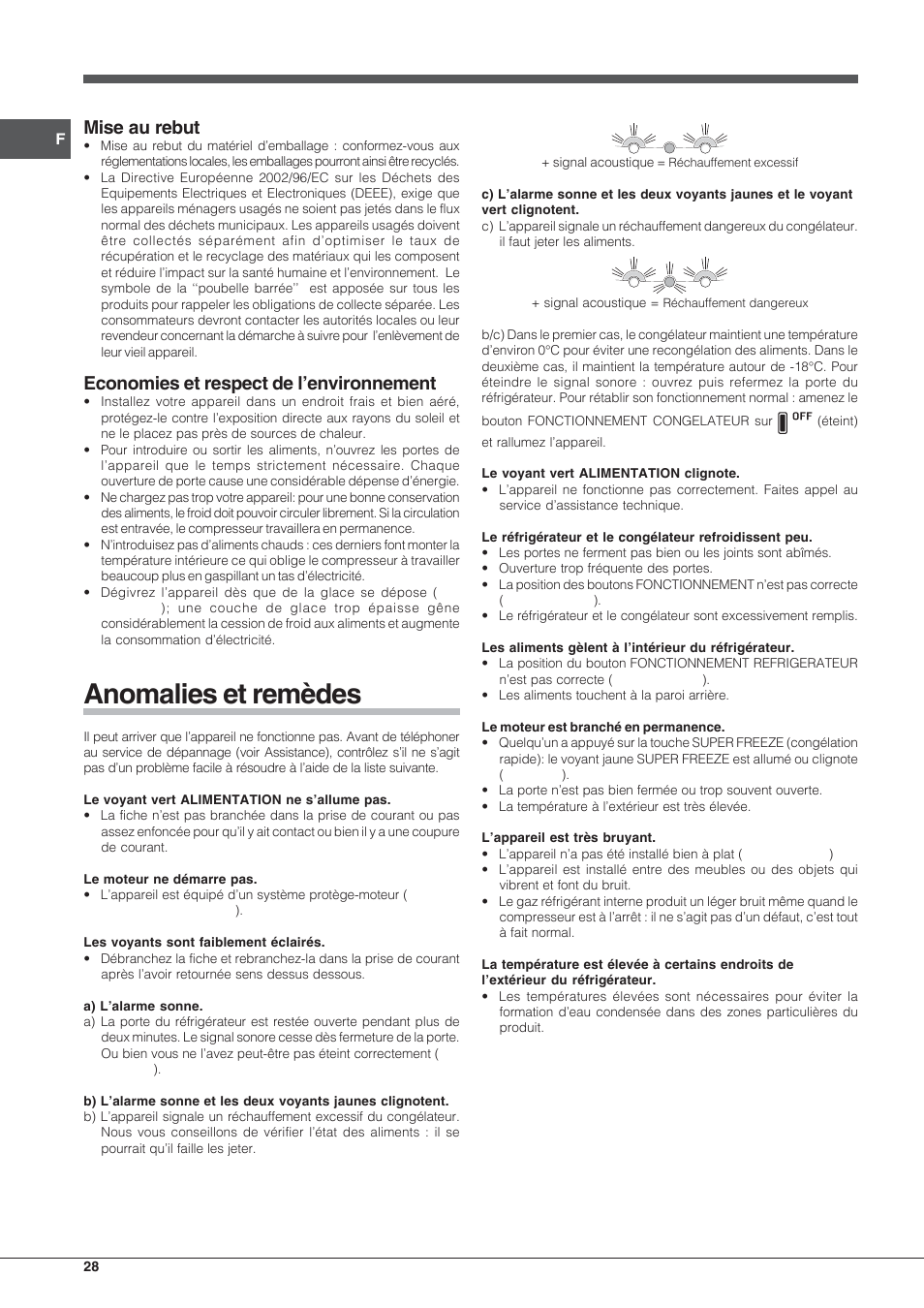Anomalies et remèdes, Mise au rebut, Economies et respect de l’environnement | Hotpoint Ariston Combiné EBLH 18223 F O3 User Manual | Page 28 / 52